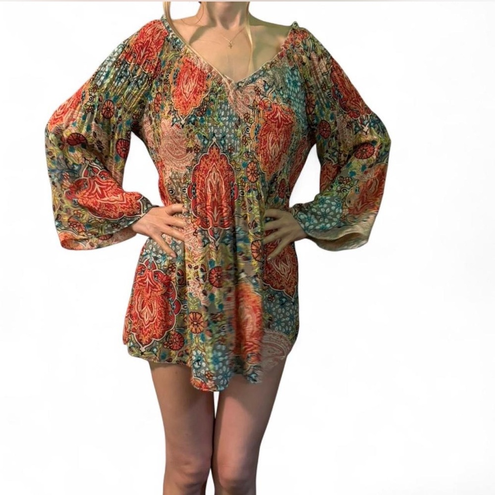 Boho hippy red mini dress or long flowy blouse medium coastal shabby chic